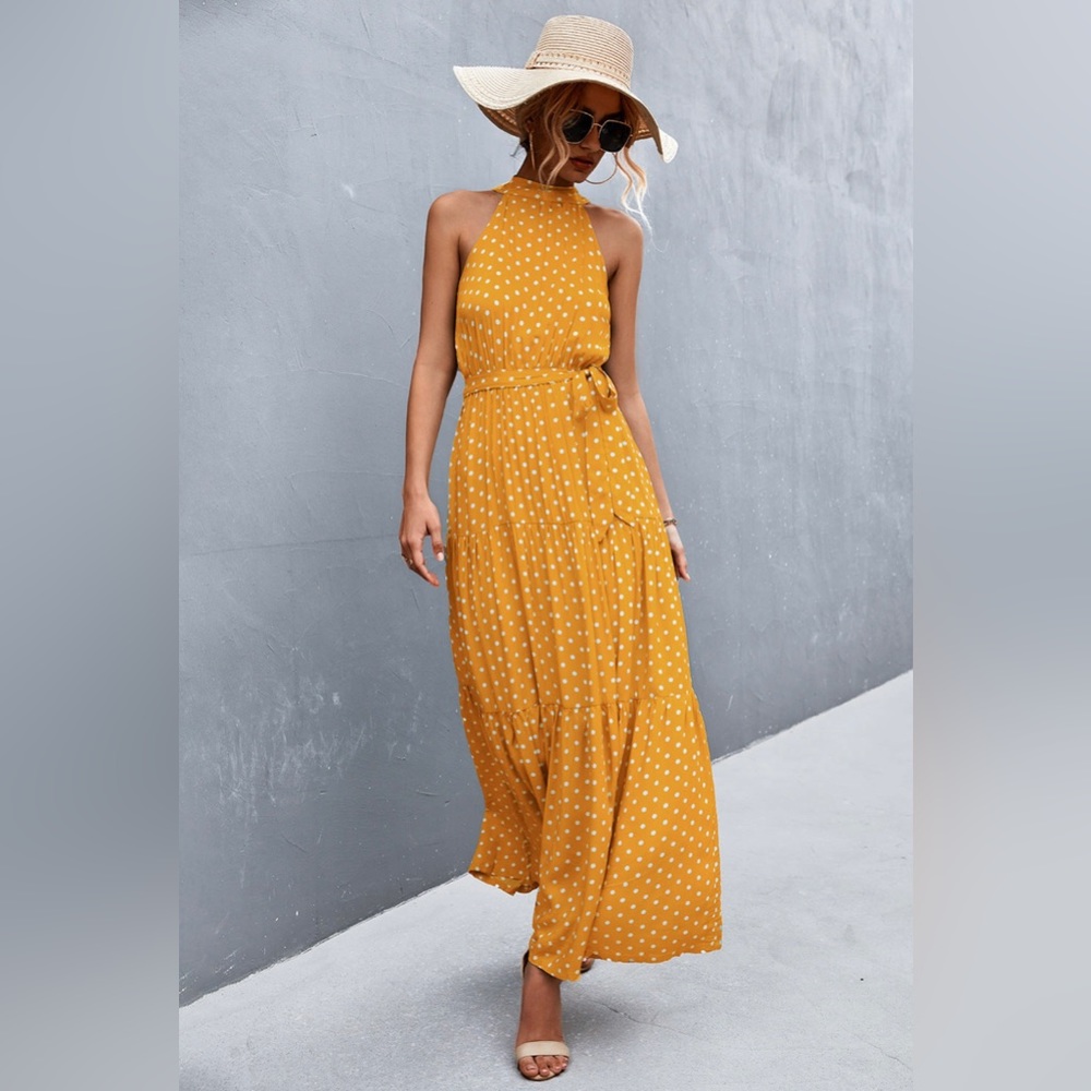 Polka Dot Halter Belted Dress